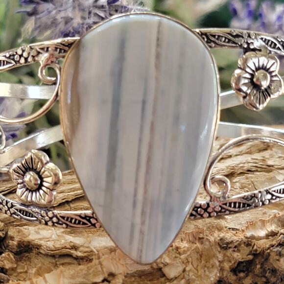 Wide Sterling Silver Cuff, Ocean Whisper Blue Agate Cuff Bracelet - Picture 5 of 10